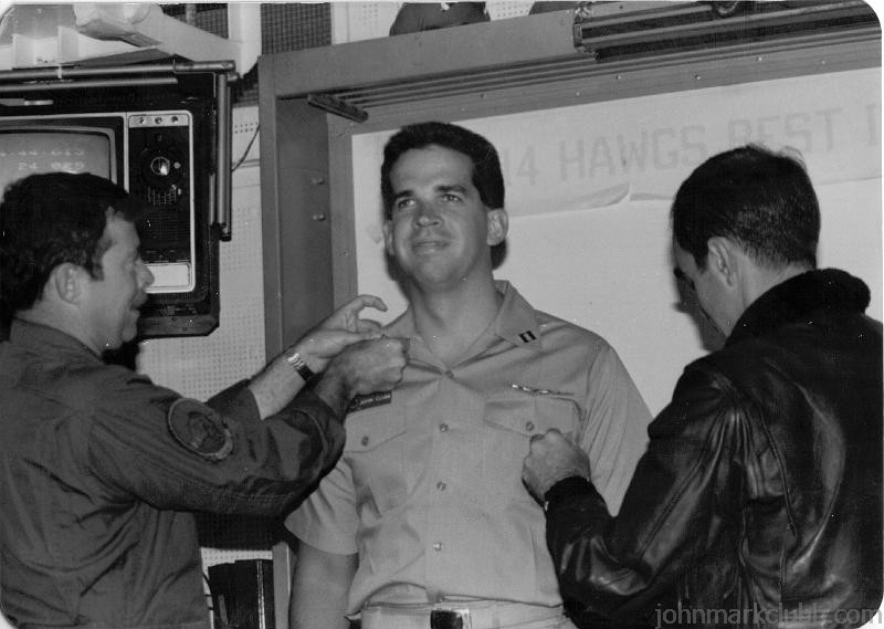 JMC 1985 - 6.JPG - John promoted to LT (O-3) on USS Carl Vinson by Cdr's Pence Parsons and Lew Goen
